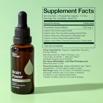 Plant Therapy Organic Brain Power Tincture 30 mL (1 oz) Supports Brain Focus & Clarity, Helps Mental Alertness & Memory, Brain Boost Supplement Packed with Benefits