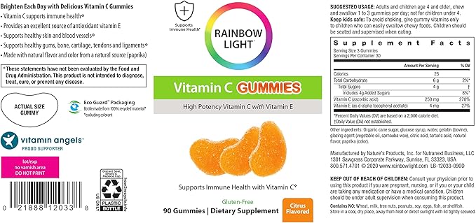 Rainbow Light Vitamin C Gummies, Dietary Supplement Provides Immune Support, With Vitamin C and Vitamin E, Citrus Flavor, 90 Count