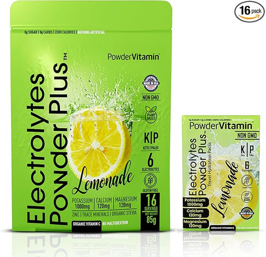 Electrolytes Powder Plus, Keto, Lemonade, Sugar Free, Pink Himalayan Salt, 1000mg Potassium, 120mg Calcium, 120mg Magnesium, Non-GMO, Zero Calories, (16 Hydration Packets)