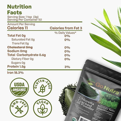 Go Nutra - Chlorella Powder, Pure Greens Powder with Vitamins, Minerals, and Antioxidants, All Natural Greens Superfood Powder, Chlorella Cracked Cell Green Powder, Non-GMO, Vegan, 16 oz