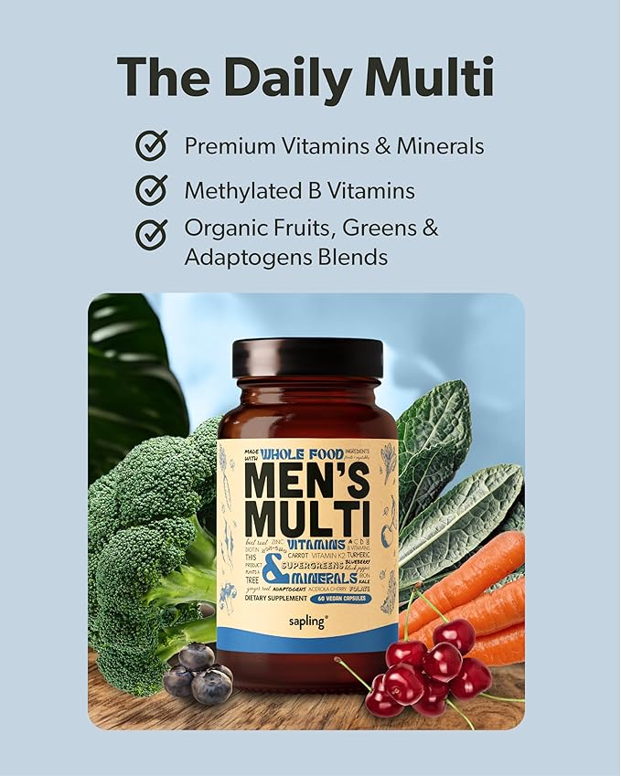 Multivitamin for Men - Daily Men’s Multivitamin - Methylated B Complex with Whole Food Ingredients, Vitamin B12, Folate, A, C, D3, E, K2, Organic Fruits & Vegetables - Vegan, Non-GMO - 60 Caps