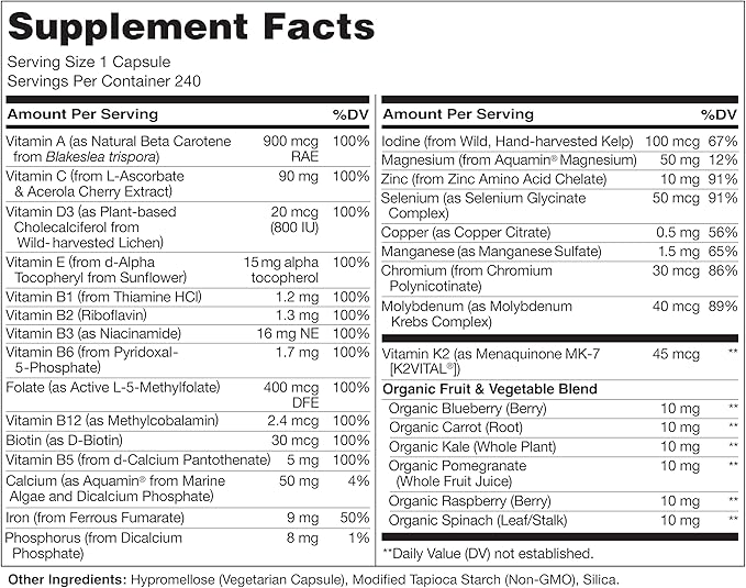 NATURELO One Daily Multivitamin for Women - Energy Support - Whole Food Supplement to Nourish Hair, Skin, Nails - Non-GMO - No Soy - Gluten Free - 240 Capsules | 8 Month Supply