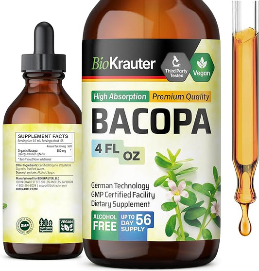 BIO KRAUTER Bacopa Monnieri Supplement Liquid - Brain Support Brahmi - Alcohol & Sugar Free Liquid Bacopa Herb Drops 4 Fl.Oz.