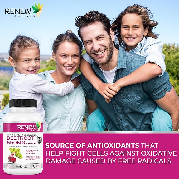Renew Actives Organic Beetroot Supplement 1300MG per 2 Capsules - Pure Beetroot Powder for Circulation, Natural Energy, & Antioxidant Benefits - High-Potency Superfood, Made in Canada - 90 Capsules