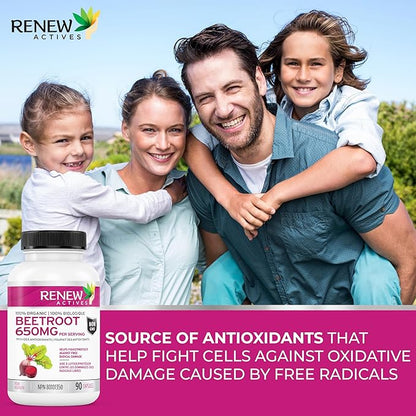 Renew Actives Organic Beetroot Supplement 1300MG per 2 Capsules - Pure Beetroot Powder for Circulation, Natural Energy, & Antioxidant Benefits - High-Potency Superfood, Made in Canada - 90 Capsules
