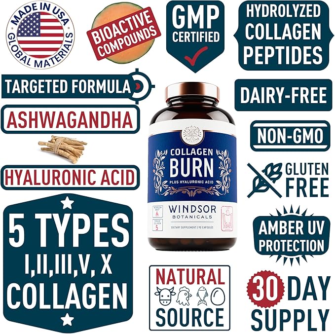 WINDSOR BOTANICALS Liquid Melatonin 3mg and Thermogenic Multi Collagen Burn Capsules - Beauty and Sleep Support Bundle