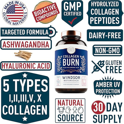 WINDSOR BOTANICALS Liquid Melatonin 3mg and Thermogenic Multi Collagen Burn Capsules - Beauty and Sleep Support Bundle