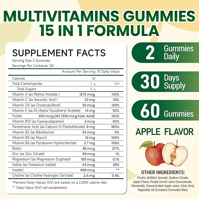 I LOVE HEALTH® 15-in-1 Multivitamin Gummies for Adults & Kids - Enhanced Formula with Vitamin A, C, D3, E, B12, Zinc, Magnesium & More - Apple Flavor - 60 Gummies per Bottle - Made in cGMP Facility