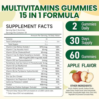 I LOVE HEALTH® 15-in-1 Multivitamin Gummies for Adults & Kids - Enhanced Formula with Vitamin A, C, D3, E, B12, Zinc, Magnesium & More - Apple Flavor - 60 Gummies per Bottle - Made in cGMP Facility