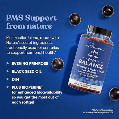 Eu Natural Balance PMS Vitamins for Women - Hormone Balance for Women, Menstrual Support - Primrose Oil, Black Seed Oil & DIM - 60 Liquid Softgels