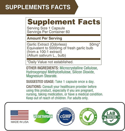 Lovita Odorless Garlic Extract, 50mg 100:1 Concentrate, High Potency, 1.25% Allicin, Gluten-Free, Supports Immune & Cardiovascular Health, 60 Vegan Capsules (Pack of 5)