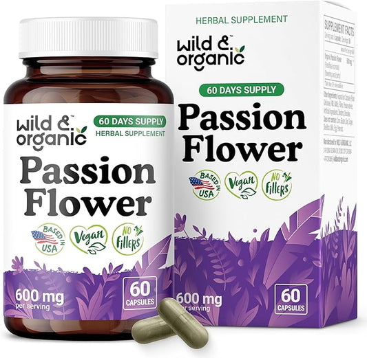 Wild & Organic Passion Flower Capsules 600 mg - Relaxation & Mood Support - Passionflower Extract Supplement - Passiflora Incarnata Herb - Vegan, No Fillers, Non-GMO - 60 Count