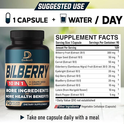 10in1 Bilberry Extract for Eyes Supplement for 3 Months - Equivalent 9260mg with Grape Seed, Carrot, Elderberry, Eyebright, Quercetin & More Herbs - Non-GMO, Gluten Free - 90 Vegan Capsules