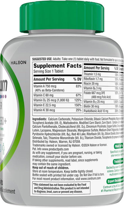 Centrum Silver Multivitamin for Adults 50 Plus, Multivitamin/Multimineral Supplement, Vitamin D3, B Vitamins, Gluten Free, Non-GMO Ingredients, Supports Memory and Cognition in Older Adults - 220 Ct