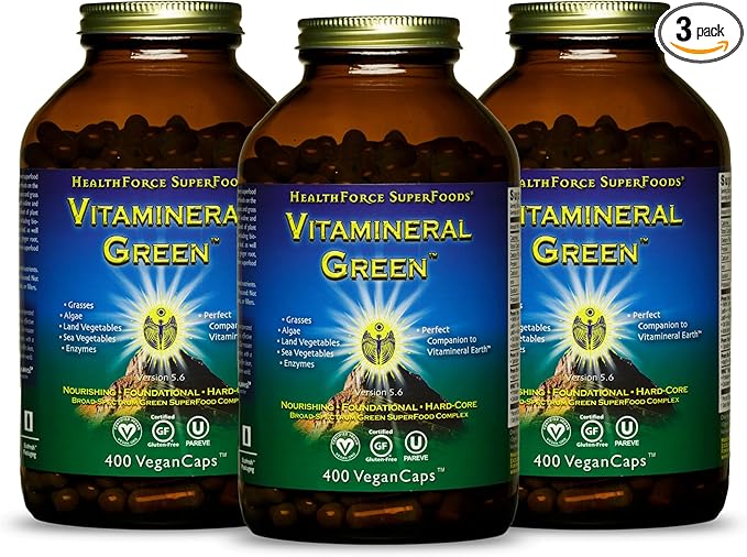HealthForce SuperFoods Vitamineral Green - Mineral Supplement for Immune & Thyroid Support - Green Powder Supplement with Ingredients from The Land - Gluten-Free & Vegan - 400 Capsules (Pack of 3)