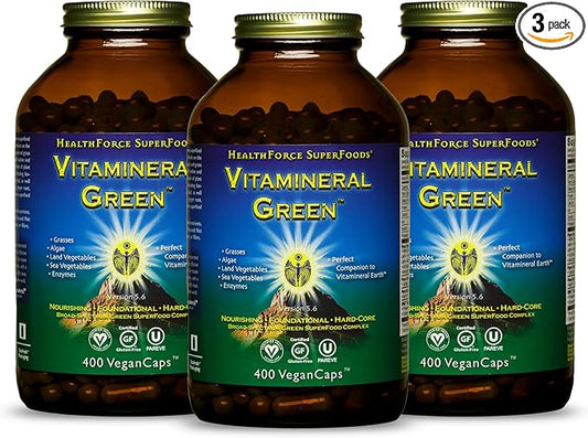 HealthForce SuperFoods Vitamineral Green - Mineral Supplement for Immune & Thyroid Support - Green Powder Supplement with Ingredients from The Land - Gluten-Free & Vegan - 400 Capsules (Pack of 3)