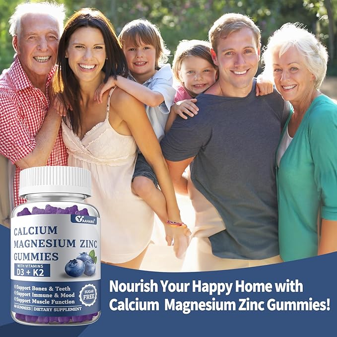 Calcium Magnesium Zinc Gummies with Vitamin D3 & K2 - Sugar Free Calcium Gummies for Women and Men - Bone & Immune Support - Non-GMO, Gluten-Free, Blueberry Flavored - 60 Gummies