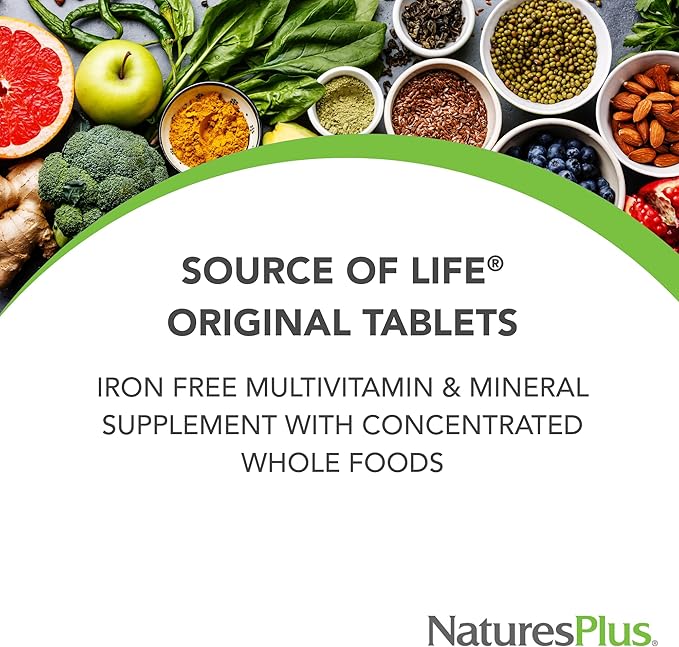 NaturesPlus Source of Life No Iron - 180 Tablets - Multi-Vitamin & Mineral Supplement - Supports Natural Energy & Overall Well-Being - Gluten Free, Vegetarian - 60 Servings