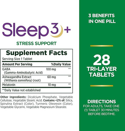 Stress Support Melatonin by Nature's Bounty, Sleep3 Maximum Strength 100% Drug Free Sleep Aid, Dietary Supplement with Ashwagandha, Time Release Technology, 10mg, 28 Tri-Layered Tablets