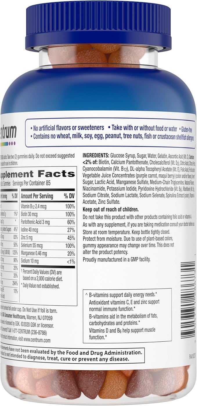 Centrum MultiGummies Gummy Multivitamin for Men, Multivitamin/Multimineral Supplement with Selenium, Antioxidants and Vitamin D3, Assorted Fruit Flavor - 170 Count