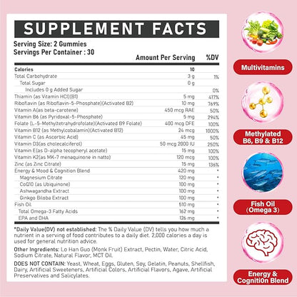 Methylated Multivitamin with B Complex for Women - Daily Vitamin B1, B2, B6, B12, Folate, C & Magnesium with Omega 3 - Supports for Energy Immune - Gluten-Free & Sugar-Free