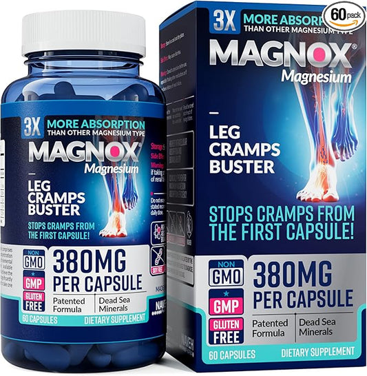 MAGNOX® Leg Cramps Buster | Magnesium Supplement for Muscle Cramps & Spasms | 380mg Magnesium for Leg Cramps at Night | 3X More Absorption | Dead Sea Minerals | Magnesium for Sleep&Muscle | 60 Caps