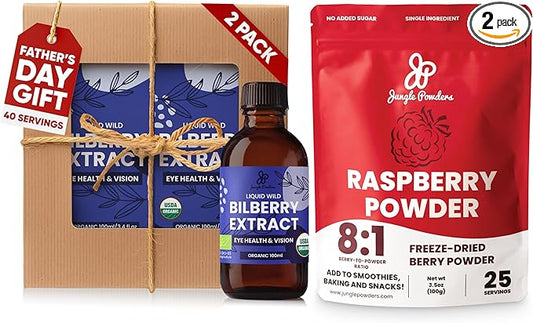 Father's Day Gift for Grandpa - USDA Organic Wild Bilberry Extract Bundle 2x3.4oz Liquid Extract + Raspberry Powder 3.5oz - Wellness Gift for Eyes & Superfood Extract