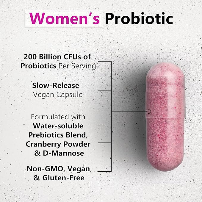 Women's Probiotic & Prebiotic, 200 Billion CFUs, 35 Unique Strains & Fibers. PH balance, Vaginal Health, UTI treatment, Digestione support, Immune boost. With Cranberry & D-Mannose. 60 Capsules