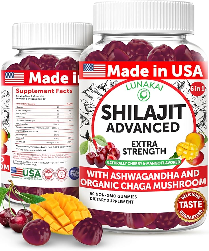 Lunakai USA Made Pure Shilajit Gummies 1200mg with Ashwagandha & Chaga - Himalayan Shilajit for Men & Women, Energy & Vitality Support, 60ct