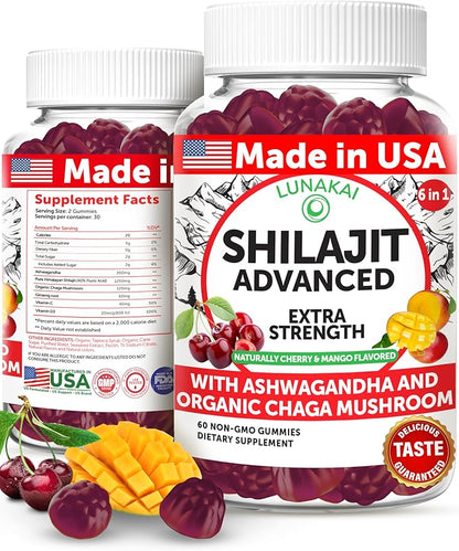 Lunakai USA Made Pure Shilajit Gummies 1200mg with Ashwagandha & Chaga - Himalayan Shilajit for Men & Women, Energy & Vitality Support, 60ct
