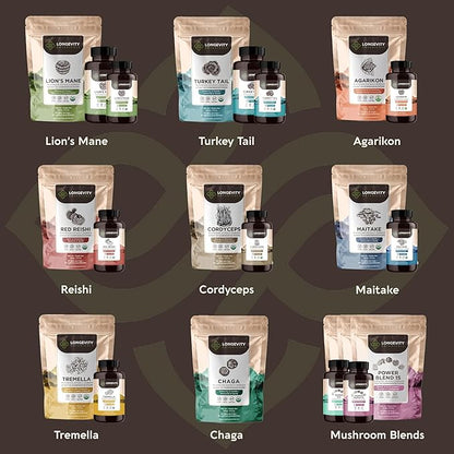 Longevity Botanicals Super Six Organic Mushroom Blend 100g | Reishi, Lion’s Mane, Chaga, Cordyceps, Tremella & Turkey Tail | Extract Powder Mix | 10:1 Ratio | 100% Fruiting Bodies | Mushroom Complex