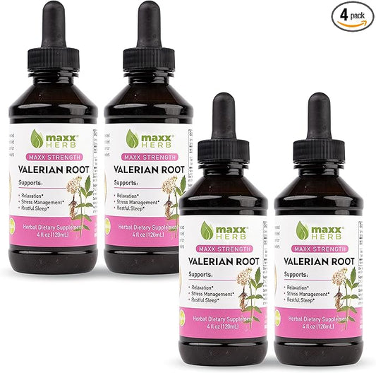 Maxx Herb Valerian Root Extract - Max Strength, Liquid Valerian Root Absorbs Better Than Capsules, for Relaxation and Restful Sleep, Alcohol-Free - 4 Bottles, 4 Oz Each (240 Servings)