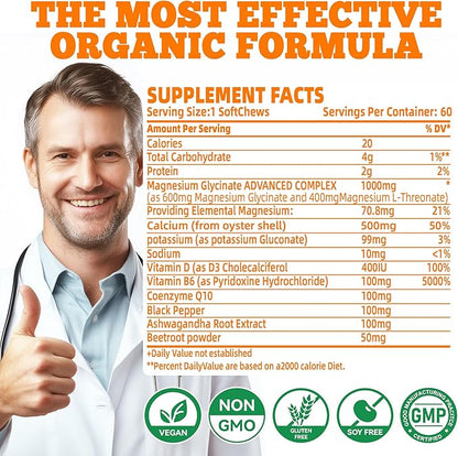 Magnesium Glycinate Soft Chews, Orange Flavor.Chewable Sugar Free Potassium Magnesium Chews with Magnesium Glycinate, Vitamin D, B6, and CoQ10 for Calm Support & Sleep for Adults, 60 Days Supply