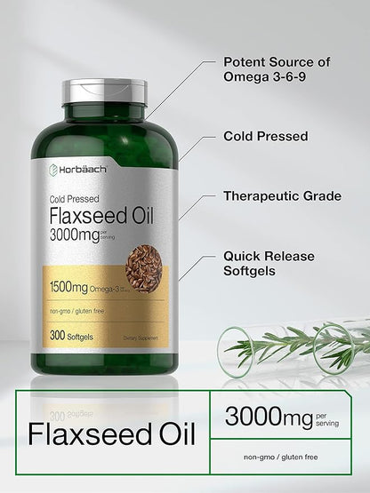Horbäach Flax Seed Oil Softgels 3000mg | 300 Capsules | Cold Pressed | with Omega 3 6 9 | Alpha-Linolenic, Linoleic, and Oleic Acid | High Potency | Non-GMO & Gluten Free Supplement