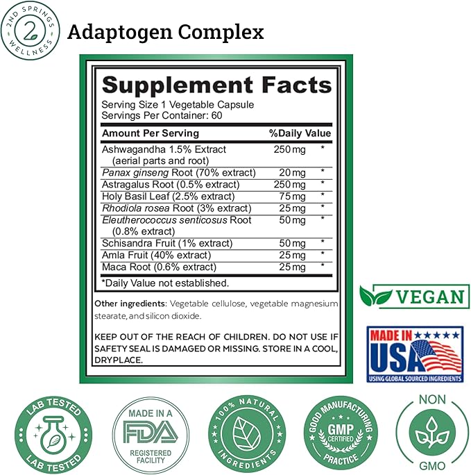 Adaptogen Complex Calmness, Energy and Vitality Booster - Ashwagandha, Schisandra, Astragalus, Ginseng, Rhodiola, and More - Promotes Balance, Focus, and Overall Well-Being - 60 Ct