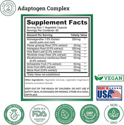 Adaptogen Complex Calmness, Energy and Vitality Booster - Ashwagandha, Schisandra, Astragalus, Ginseng, Rhodiola, and More - Promotes Balance, Focus, and Overall Well-Being - 60 Ct
