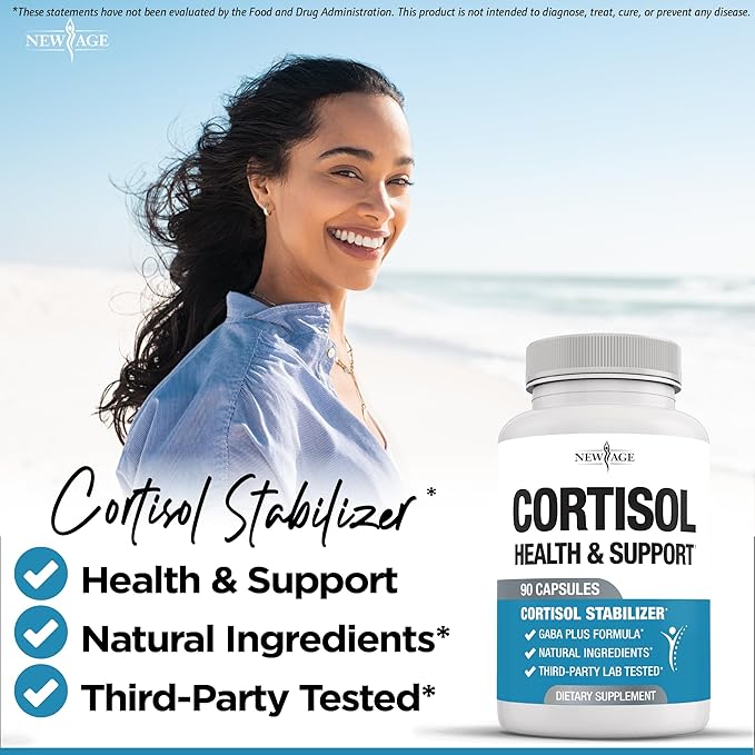 NEW AGE Cortisol Supplement for Women - Natural Cortisol Detox Manager Reducer - Ashwagandha, GABA, 5 HTP, L-Tryptophan, L-Theanine - 180 Count
