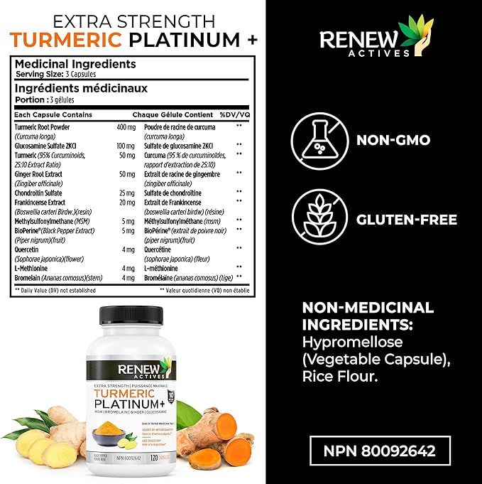Renew Actives Turmeric Platinum 1350MG per 3 Capsules with Black Pepper & Ginger – Antioxidant, Liver & Digestive Support – Reduces Inflammation & Boosts Immunity – Made in Canada – 120 Capsules