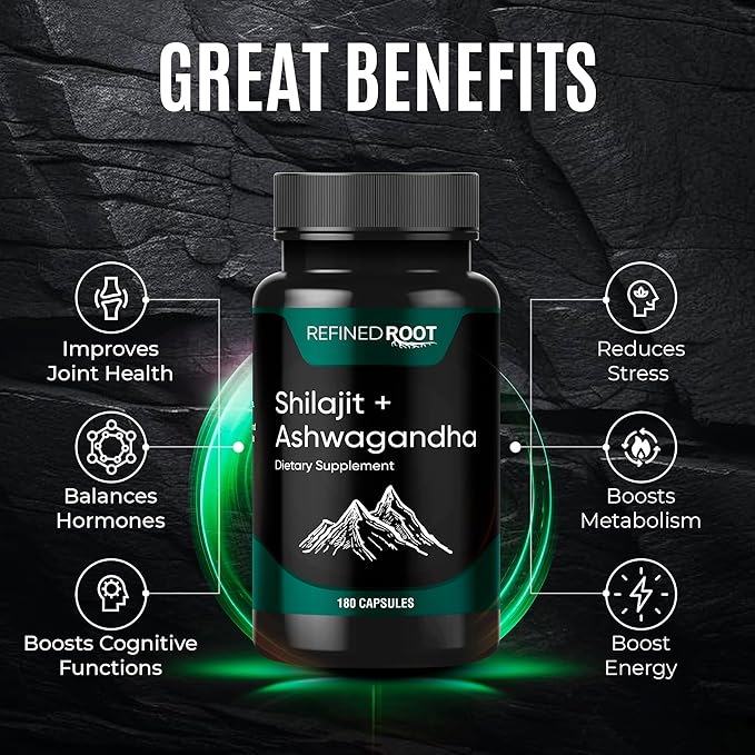 Shilajit Capsules 1000mg & Ashwagandha Supplements 500mg (180 Count) Pure Himalayan Shilajit - (20% Fulvic Acid Supplement) - Ashwagandha Capsules