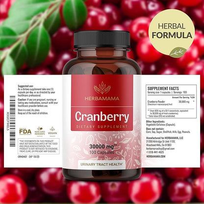 HERBAMAMA Cranberry Extract Capsules - 30,000mg Cranberry Powder for Urinary Tract Support - Vegan, Non-GMO Bladder Support Supplement, 100 Caps