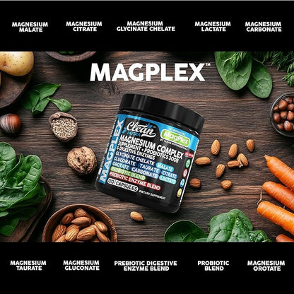 8in1 Magnesium Supplement Complex | Magnesium Glycinate Citrate Malate Gluconate Orotate Carbonate Lactate + Prebiotics Probiotics Digestive Enzymes Magnesio Capsules for Women Men by Clean Nutra