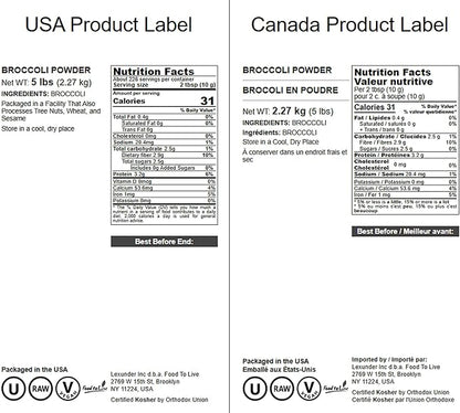 Food to Live Broccoli Powder, 5 Pounds – Nutrient-Rich Green Superfood for Smoothies, Shakes and Cooking, High in Fiber, Vitamins and Antioxidants, Vegan, Kosher, Bulk