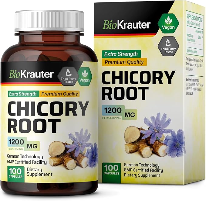 BIO KRAUTER Chicory Fiber Supplement - 1200 mg Strength - 100 Count - Chicory Root Powder - Inulin Capsules for Digestive Support - Vegan