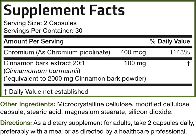 Bronson Cinnamon Plus Chromium Picolinate Supplement, High Potency Chromium, Non-GMO, 60 Vegetarian Capsules