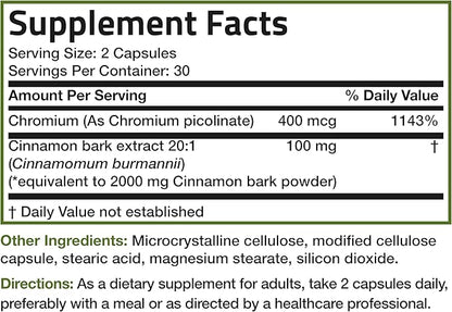 Bronson Cinnamon Plus Chromium Picolinate Supplement, High Potency Chromium, Non-GMO, 60 Vegetarian Capsules