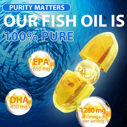 Omega 3 Fish Oil,Fish Oil Omega 3 Supplement for Women & Men,1280mg Per Serving High EPA & DHA Supports Heart, Brain & Joint Health,Non-GMO