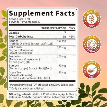 Moringa Milk Thistle Liquid Drops - Liver Health, Immune Support, Antioxidant Blend with Burdock, Green Tea & Dandelion - Moringa Capsules Alternative - Vegan, Apple Flavor,2 Fl Oz