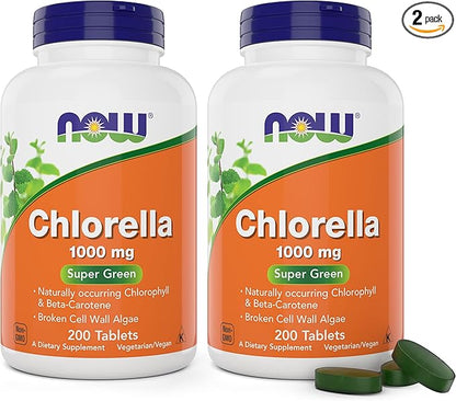 Now Chlorella 1000mg Tablets - 200 Count (Pack of 2) - Natural Occurring Chlorophyll, Beta-Carotene - Non-GMO, Vegan - Green Super Food Supplement for Women and Men