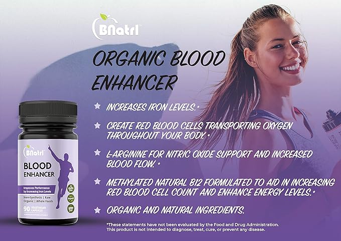 Blood Enhancer, Organic Iron Supplement, Supports Energy, Increase Oxygen-Enhances Red Blood Cell Production Without Nausea or Constipation, Veggie Capsules, Gluten-Free, Non-GMO - 90 Capsules
