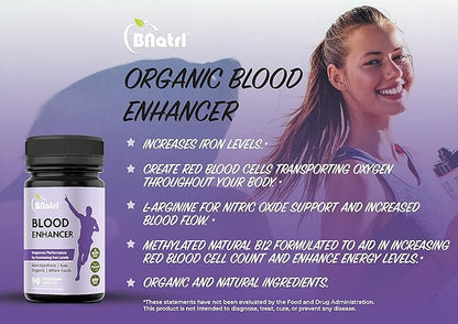 Blood Enhancer, Organic Iron Supplement, Supports Energy, Increase Oxygen-Enhances Red Blood Cell Production Without Nausea or Constipation, Veggie Capsules, Gluten-Free, Non-GMO - 90 Capsules